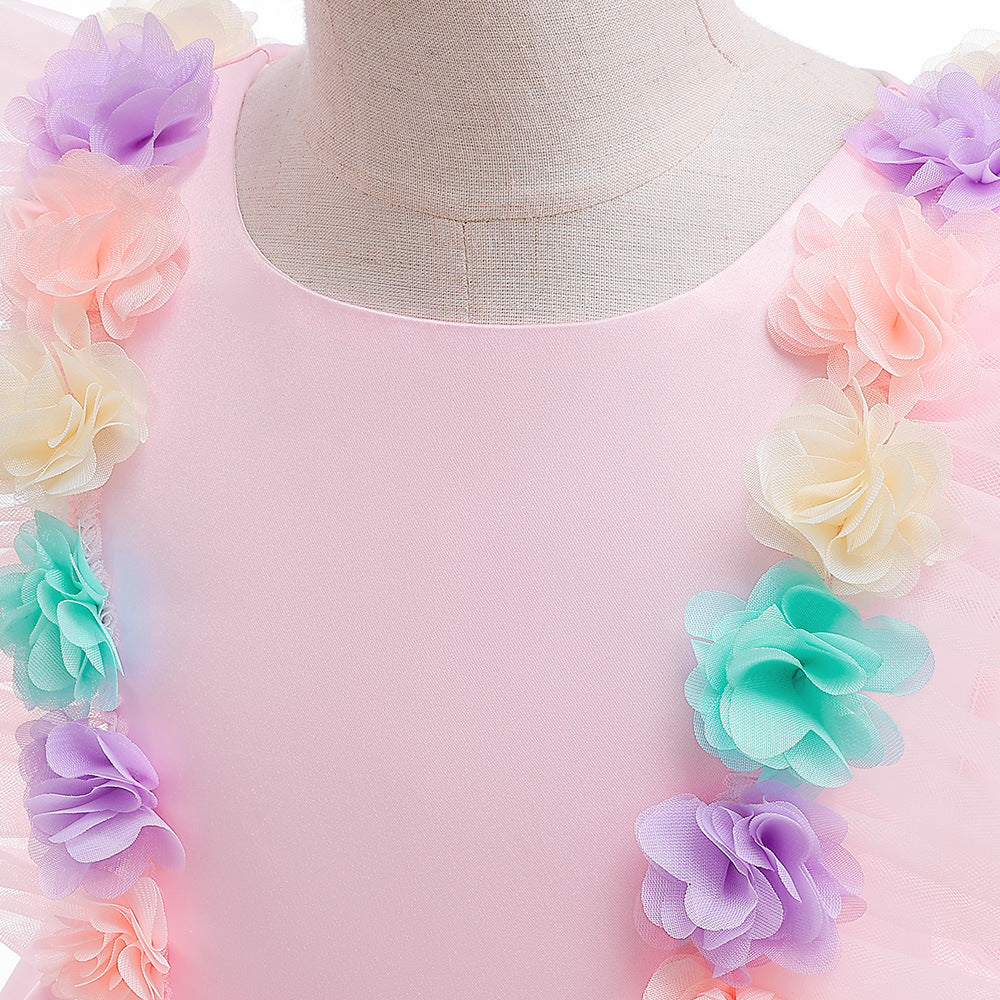 Light Pink Satin A-Line Flower Girl Party Dress with Ruffles & Flowers