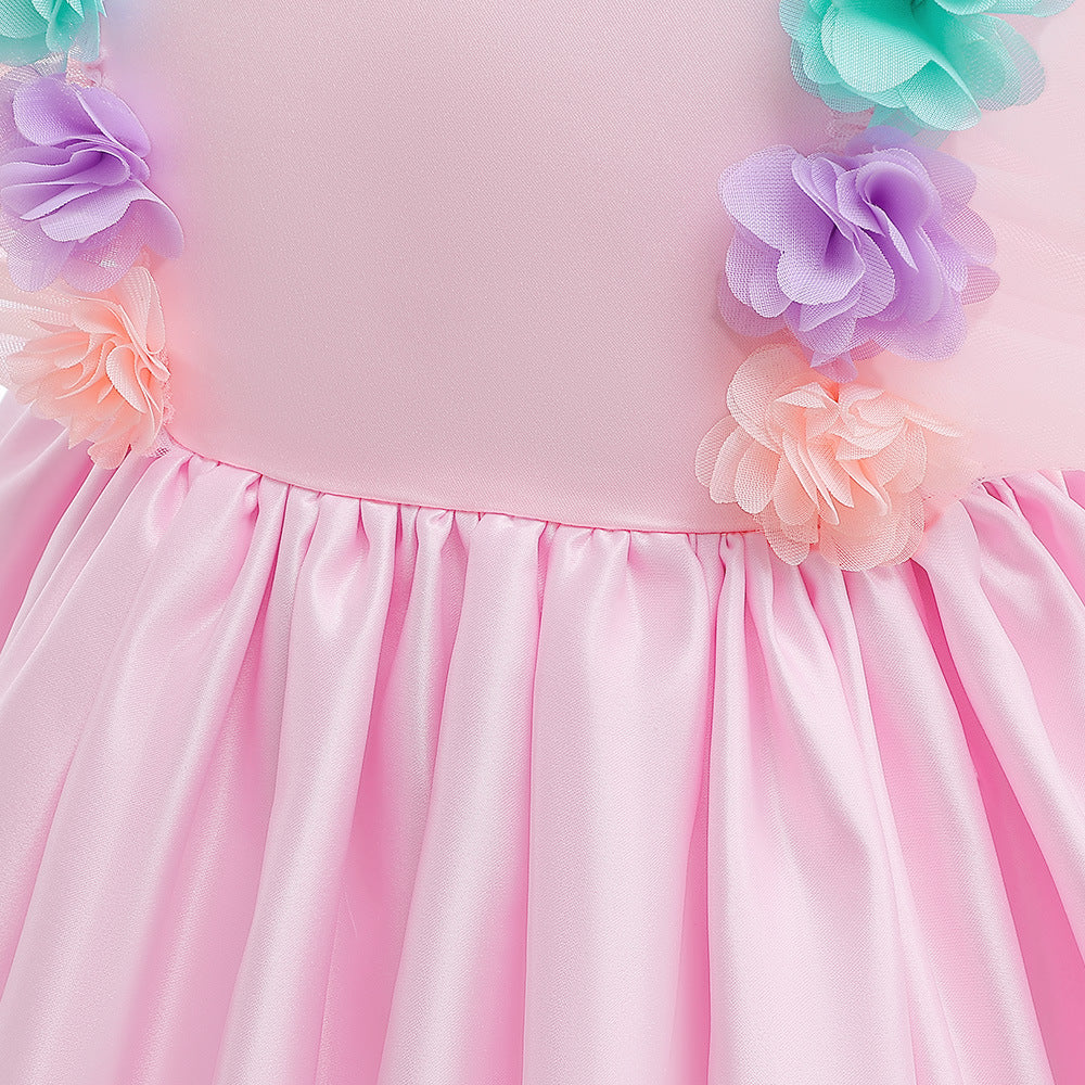 Light Pink Satin A-Line Flower Girl Party Dress with Ruffles & Flowers