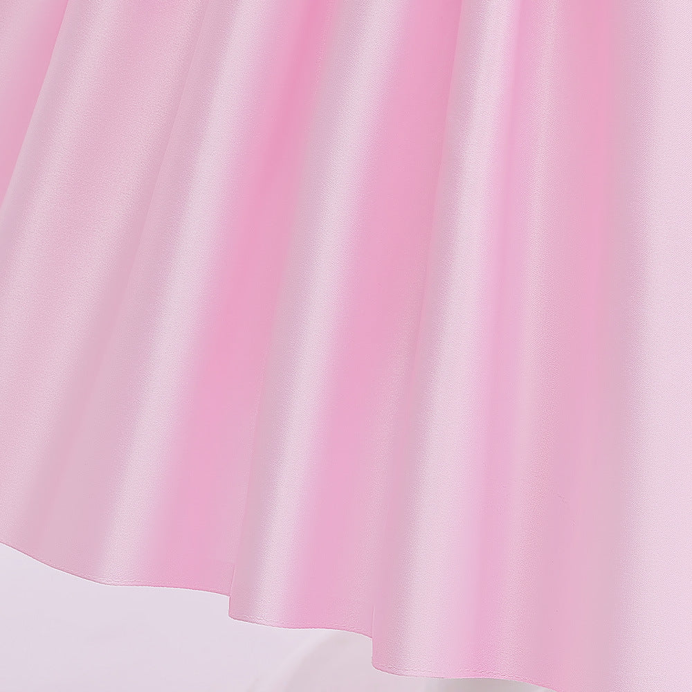 Light Pink Satin A-Line Flower Girl Party Dress with Ruffles & Flowers