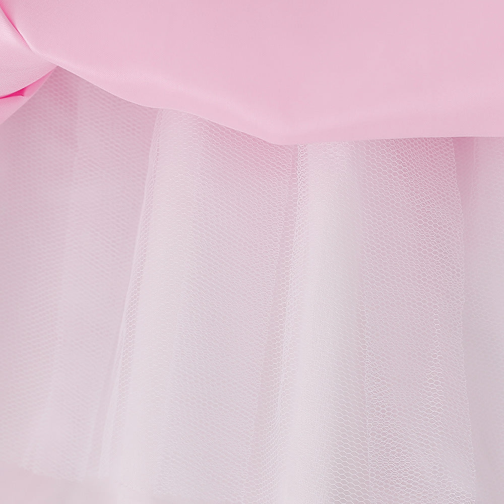 Light Pink Satin A-Line Flower Girl Party Dress with Ruffles & Flowers