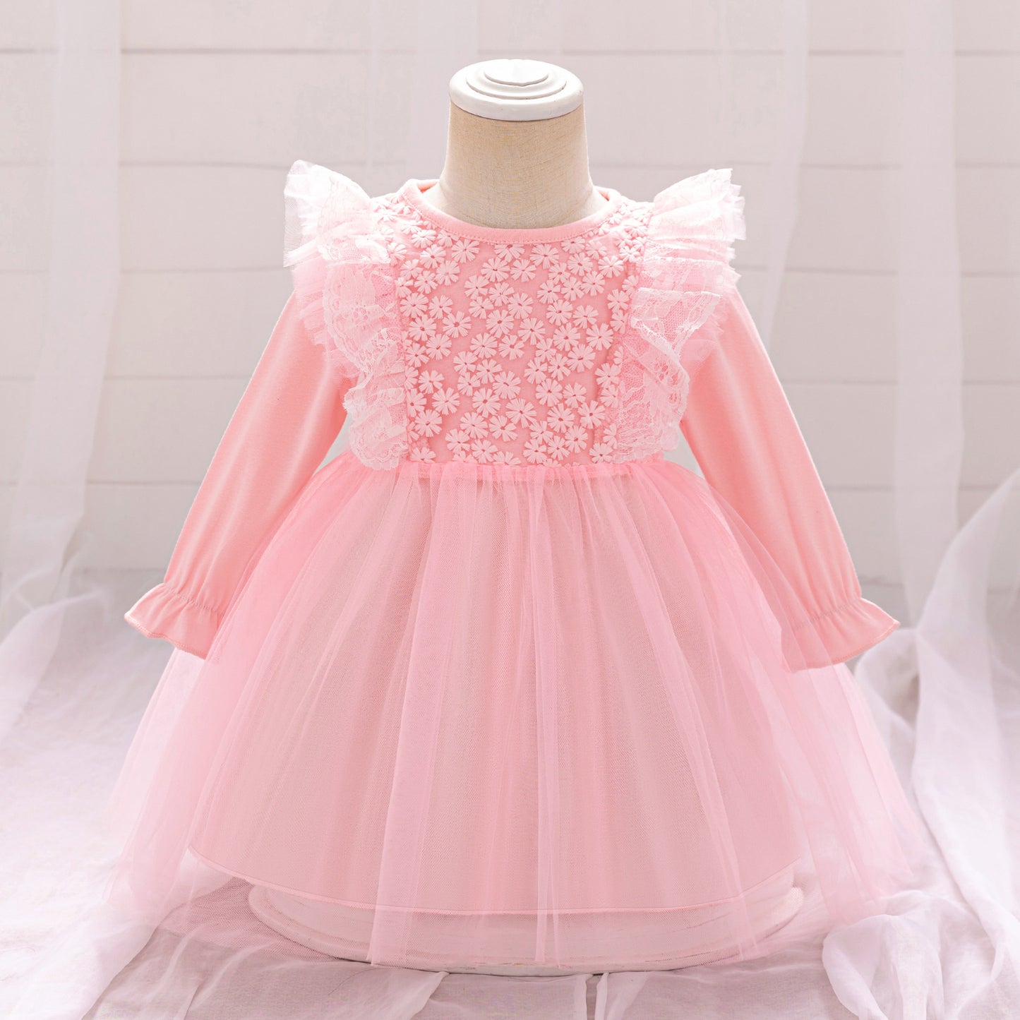 Cute A-line Pink Tulle Princess Dress for Baby & Toddler | Long Sleeve Embroidered Party Gown