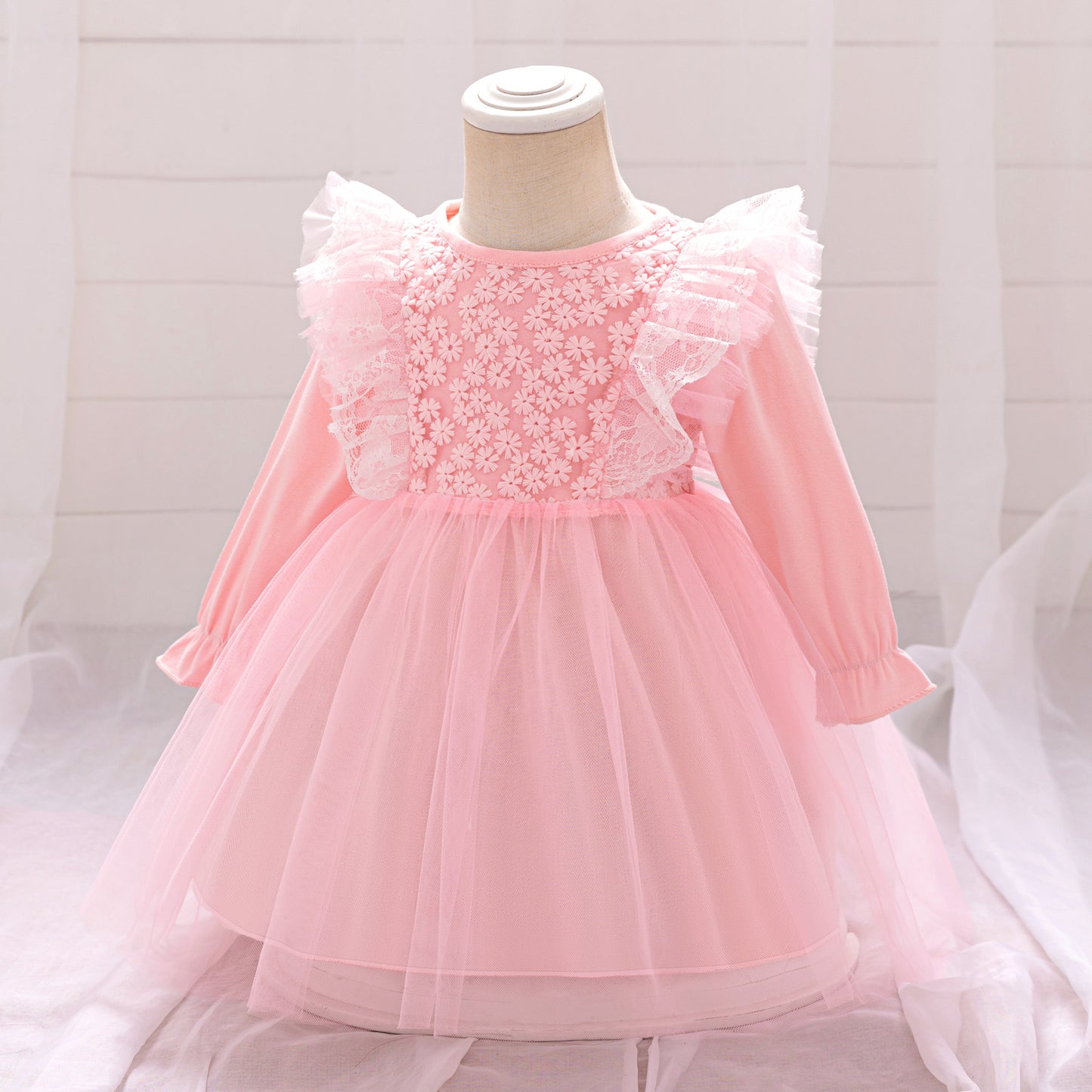 Cute A-line Pink Tulle Princess Dress for Baby & Toddler | Long Sleeve Embroidered Party Gown