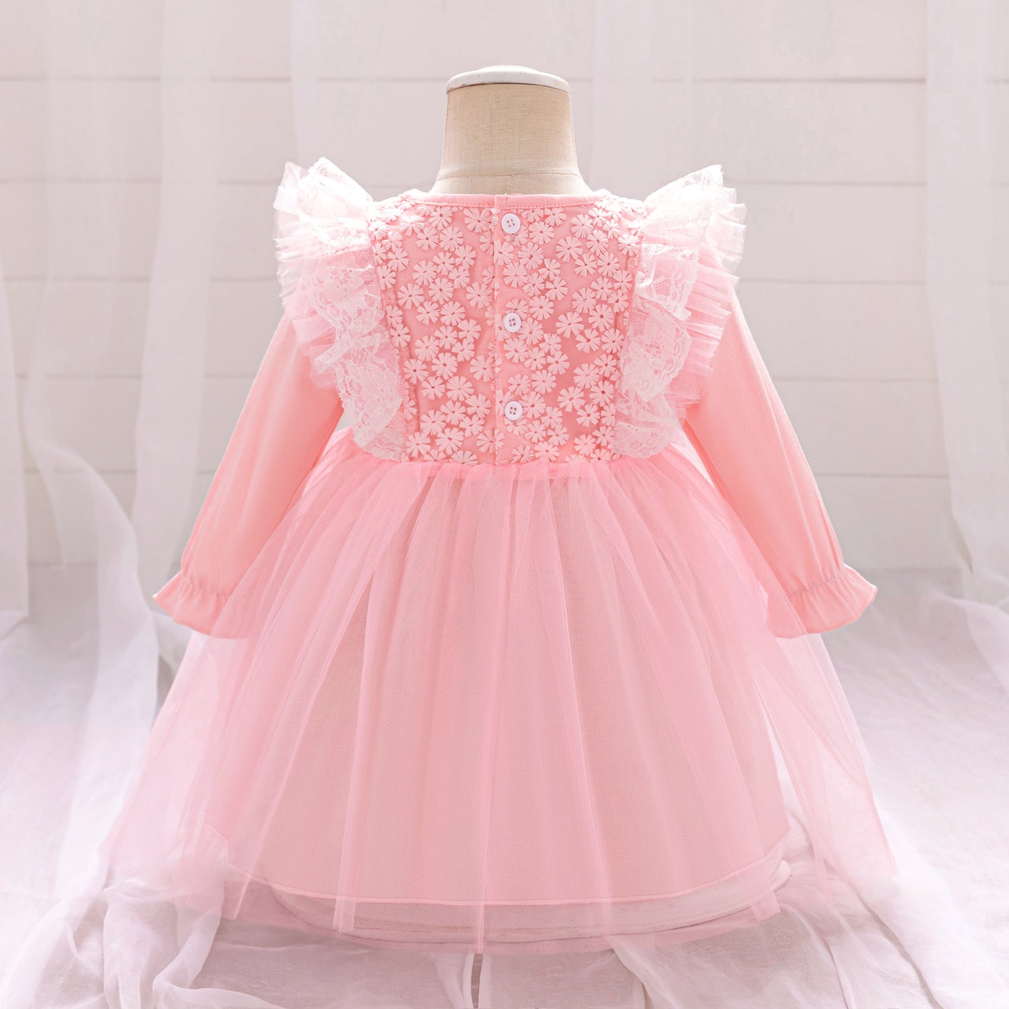 Cute A-line Pink Tulle Princess Dress for Baby & Toddler | Long Sleeve Embroidered Party Gown