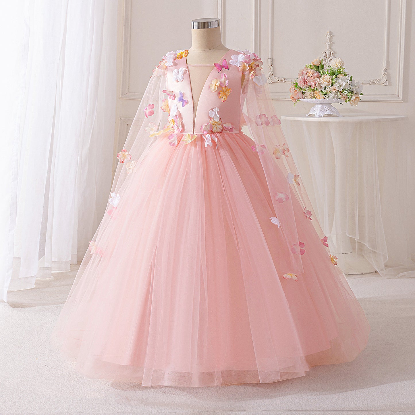 Light Pink Tulle Princess Maxi Dress Long Sleeve for Girls (5-13Y)