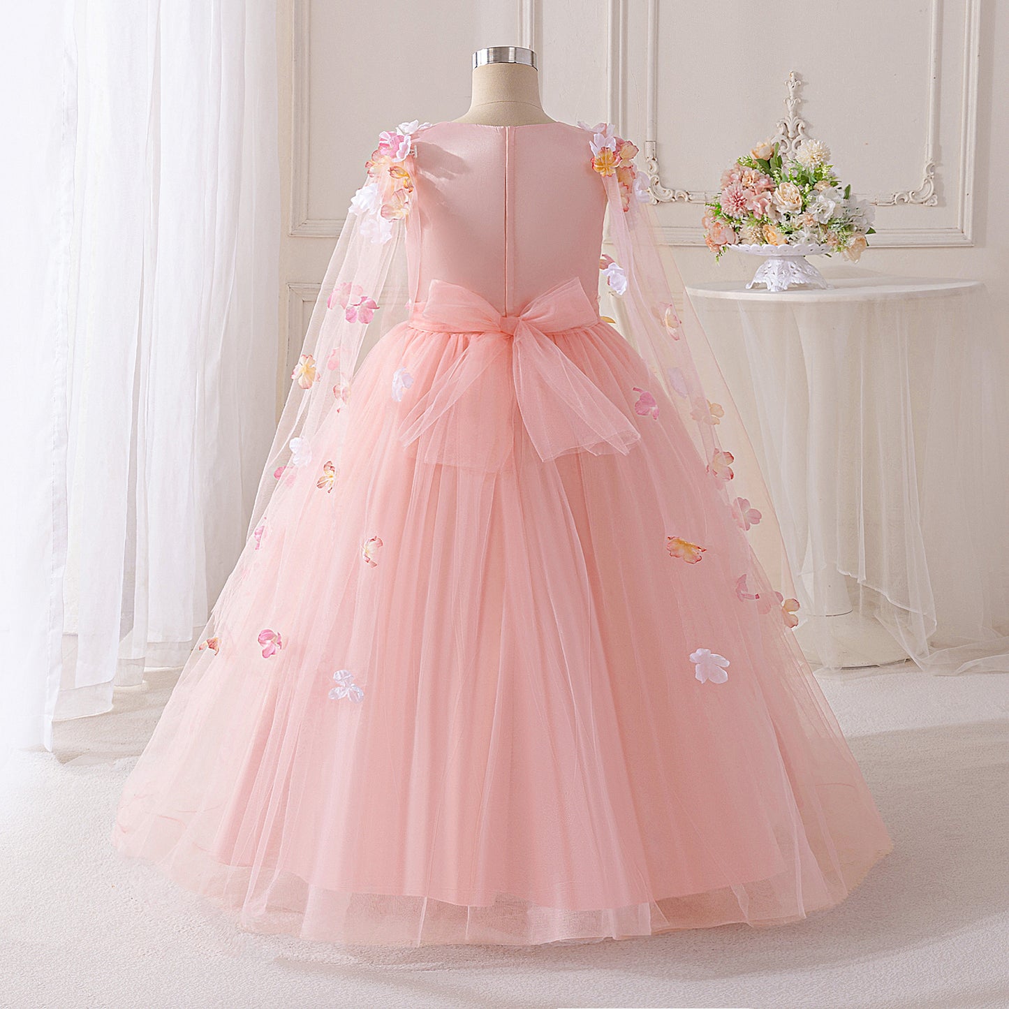 Light Pink Tulle Princess Maxi Dress Long Sleeve for Girls (5-13Y)