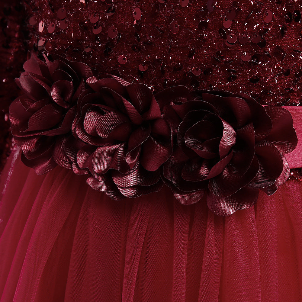Girls Maxi 3D Flower Sequin Princess Dress - Party, Wedding & Photoshoot