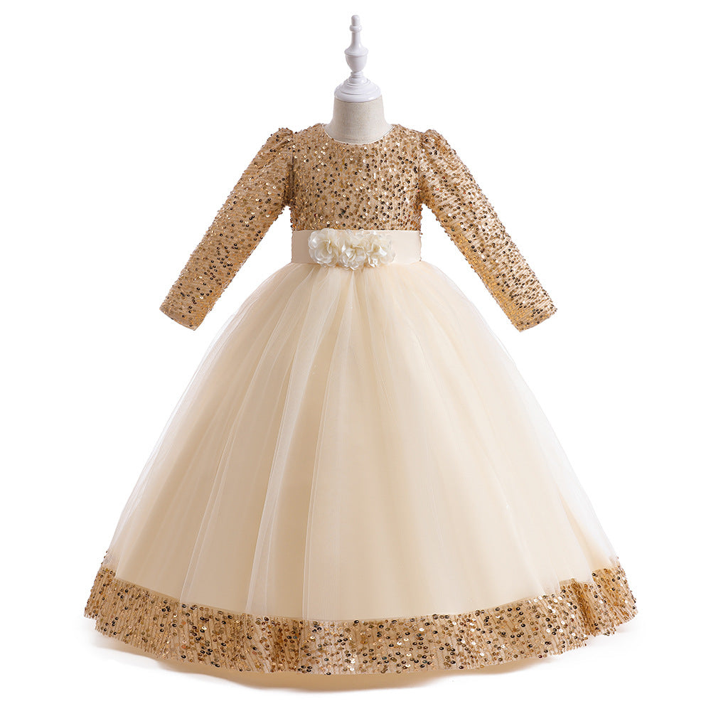 Girls Maxi 3D Flower Sequin Princess Dress - Party, Wedding & Photoshoot