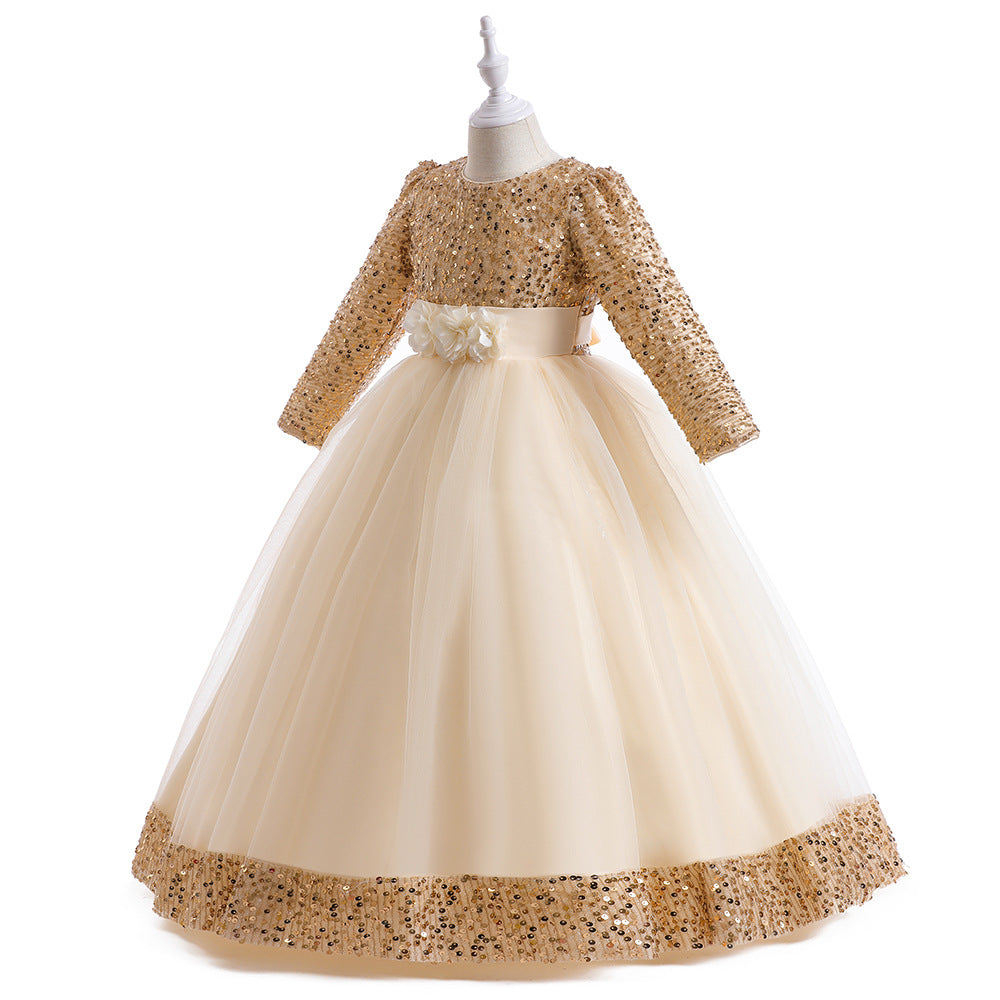 Girls Maxi 3D Flower Sequin Princess Dress - Party, Wedding & Photoshoot