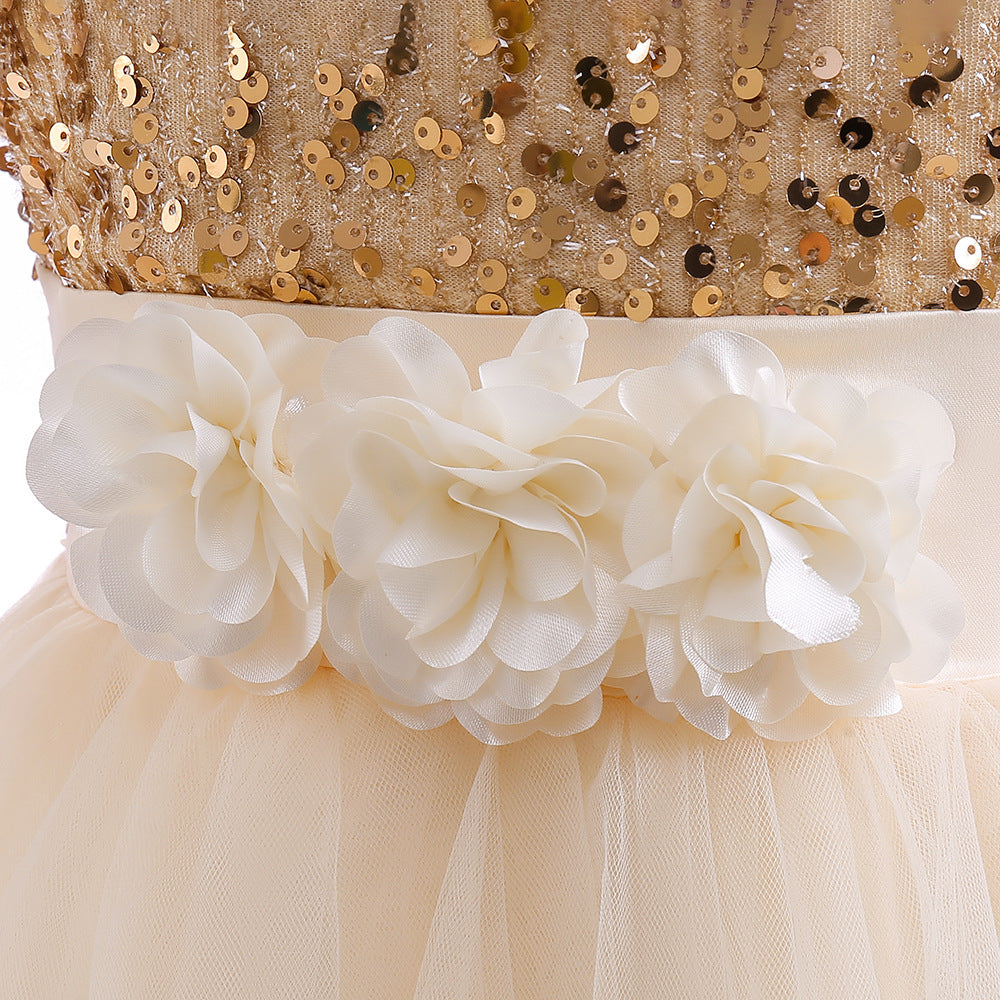 Girls Maxi 3D Flower Sequin Princess Dress - Party, Wedding & Photoshoot