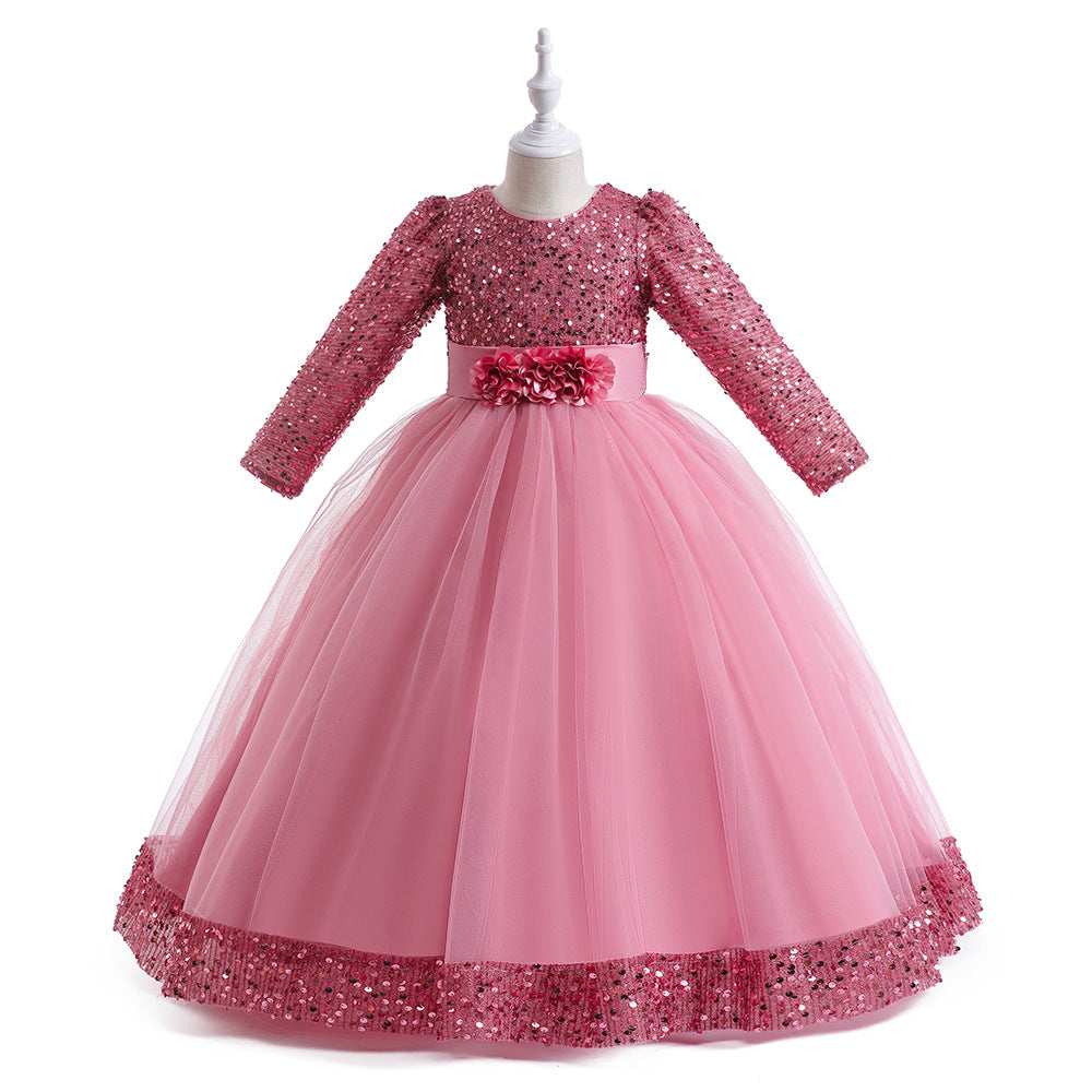 Girls Maxi 3D Flower Sequin Princess Dress - Party, Wedding & Photoshoot