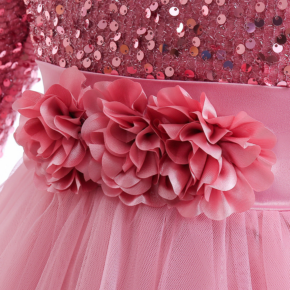 Girls Maxi 3D Flower Sequin Princess Dress - Party, Wedding & Photoshoot