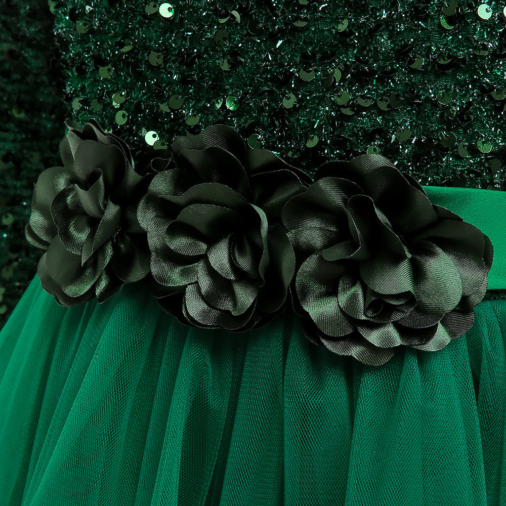 Girls Maxi 3D Flower Sequin Princess Dress - Party, Wedding & Photoshoot