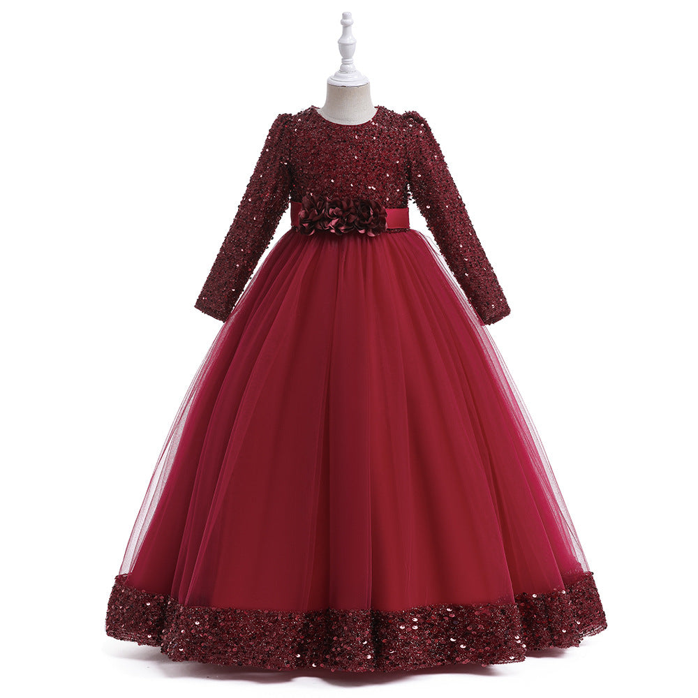 Girls Maxi 3D Flower Sequin Princess Dress - Party, Wedding & Photoshoot