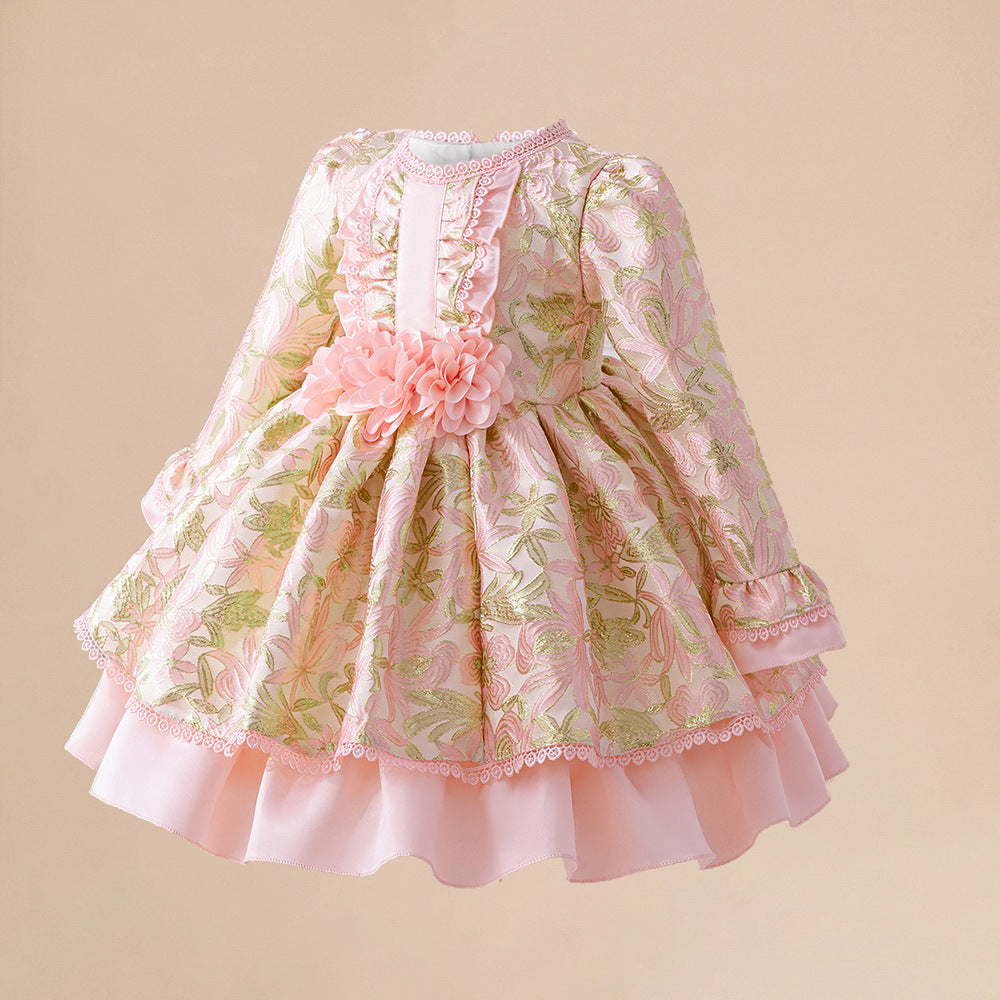 Light Pink Satin Princess Dress with Floral Details for Toddlers (6M-3Y) | Long Sleeve, Tea Length