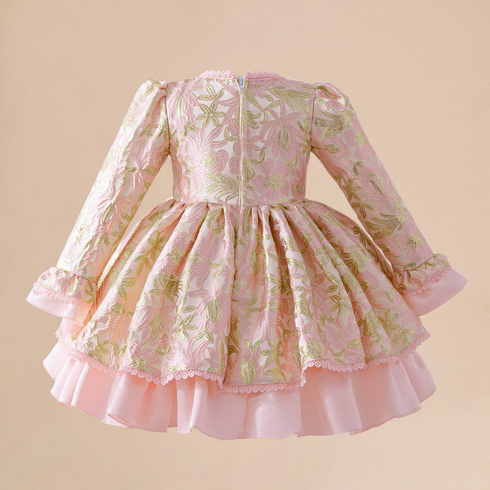 Light Pink Satin Princess Dress with Floral Details for Toddlers (6M-3Y) | Long Sleeve, Tea Length