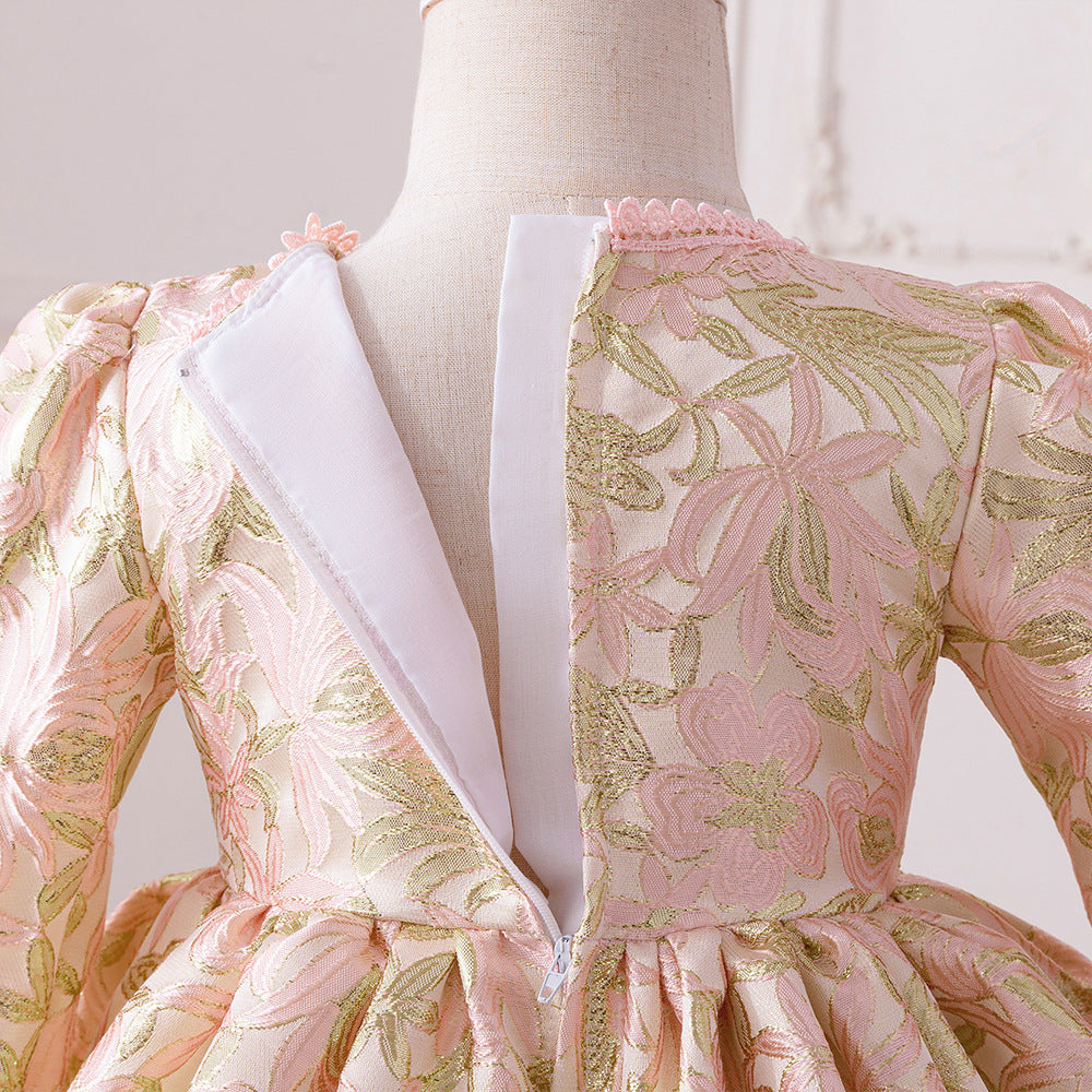 Light Pink Satin Princess Dress with Floral Details for Toddlers (6M-3Y) | Long Sleeve, Tea Length