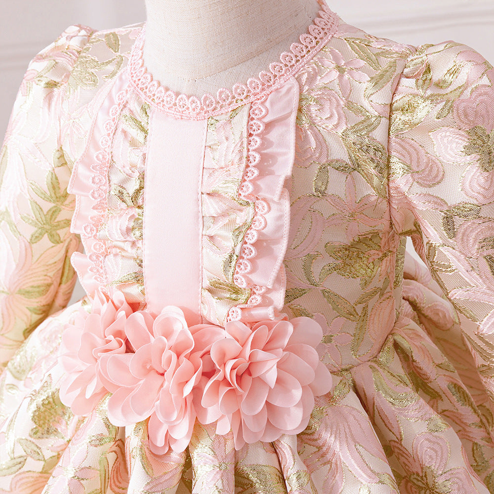 Light Pink Satin Princess Dress with Floral Details for Toddlers (6M-3Y) | Long Sleeve, Tea Length