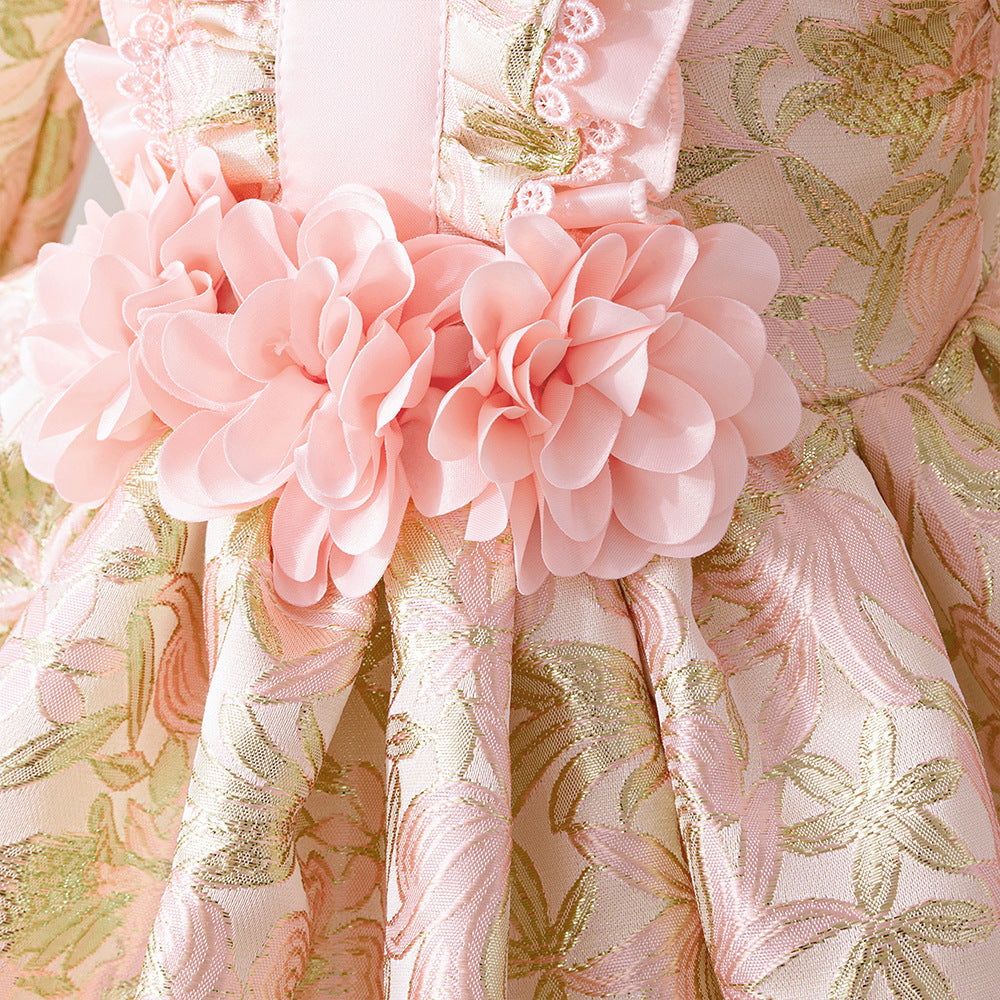 Light Pink Satin Princess Dress with Floral Details for Toddlers (6M-3Y) | Long Sleeve, Tea Length