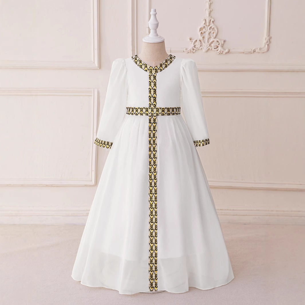 Embroidered Long Sleeve A-line Maxi Dress for Girls (3-8 Years) - White Chiffon