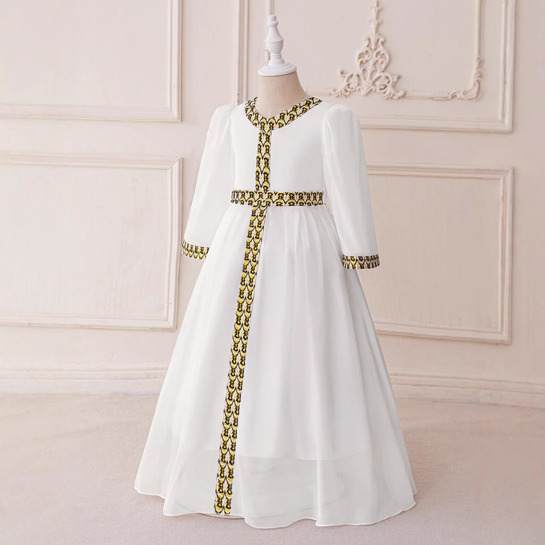 Embroidered Long Sleeve A-line Maxi Dress for Girls (3-8 Years) - White Chiffon