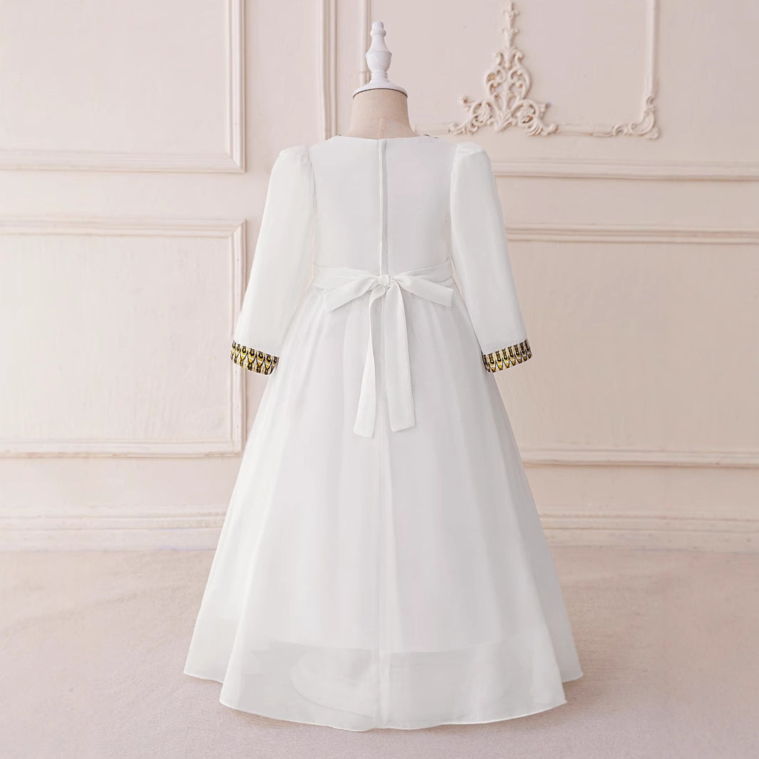 Embroidered Long Sleeve A-line Maxi Dress for Girls (3-8 Years) - White Chiffon