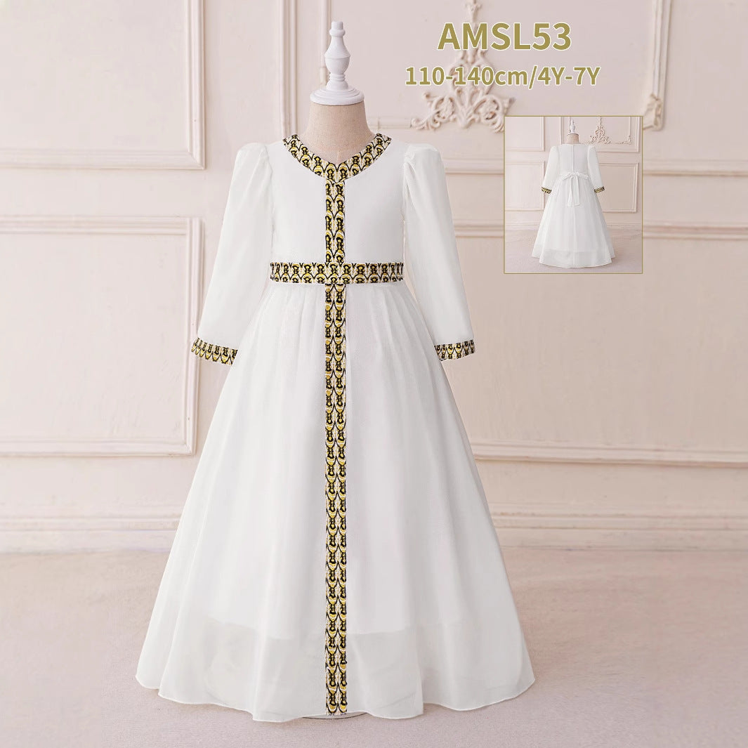 Embroidered Long Sleeve A-line Maxi Dress for Girls (3-8 Years) - White Chiffon
