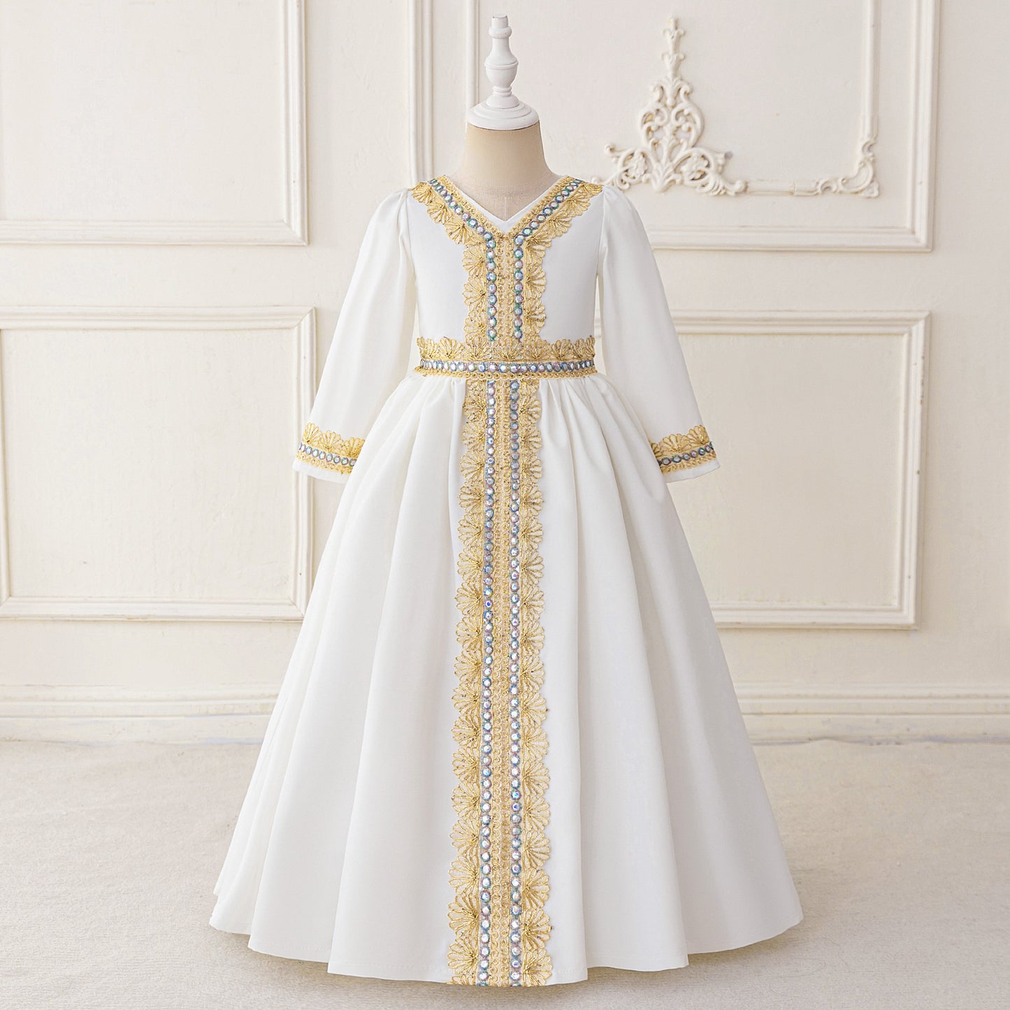Long Sleeve Embroidered Lace Maxi Dress for Girls | Cute A-line Flower Girl Gown