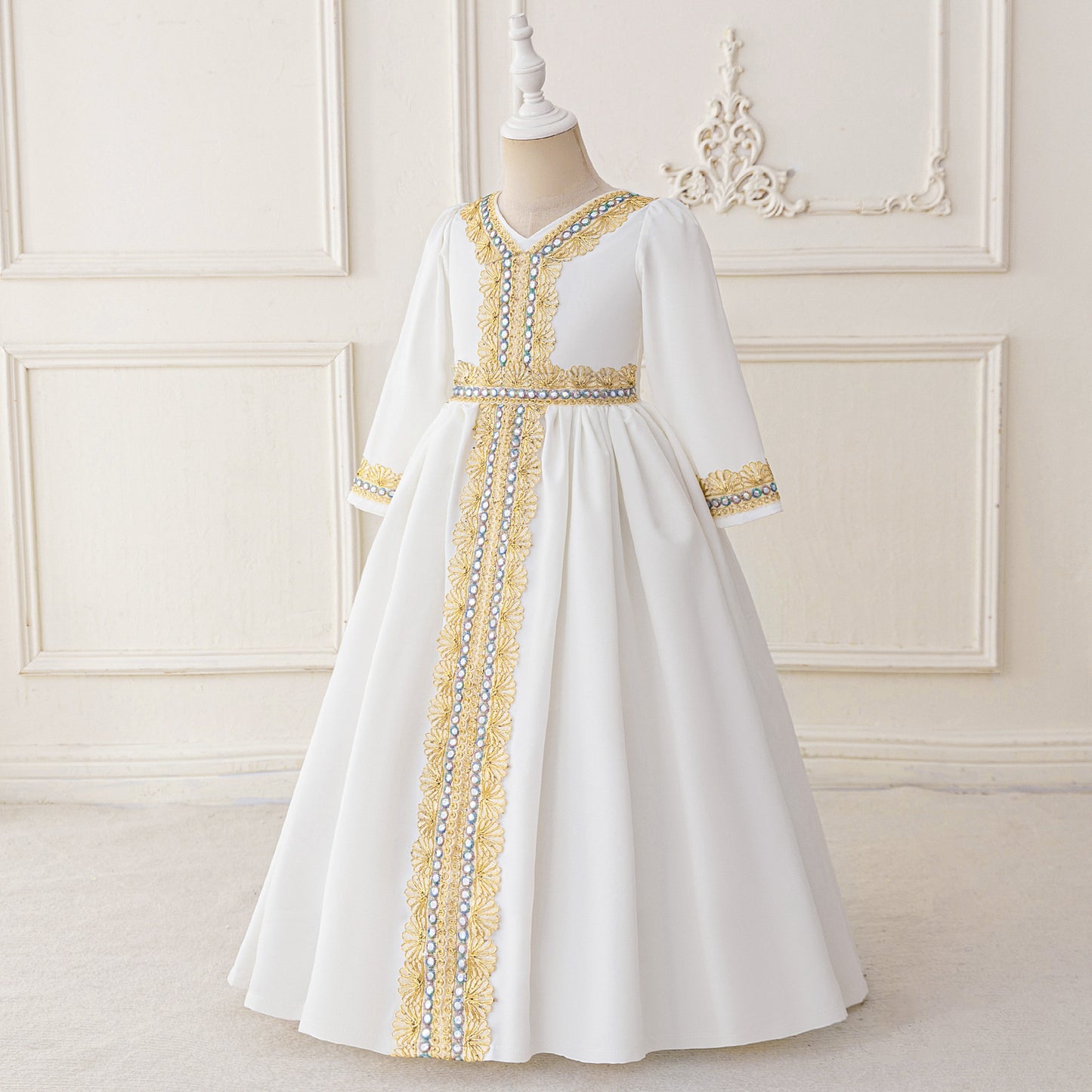Long Sleeve Embroidered Lace Maxi Dress for Girls | Cute A-line Flower Girl Gown