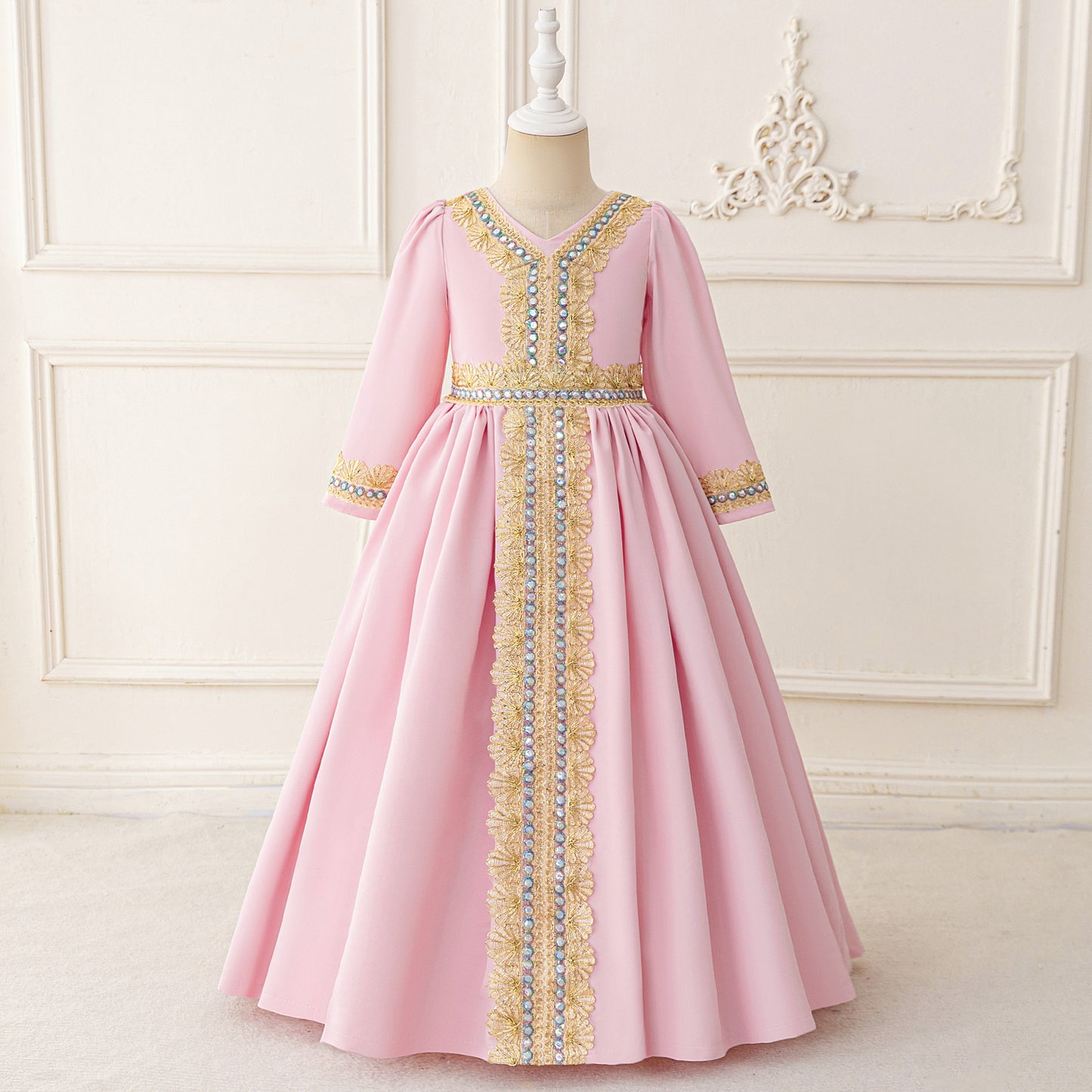 Long Sleeve Embroidered Lace Maxi Dress for Girls | Cute A-line Flower Girl Gown