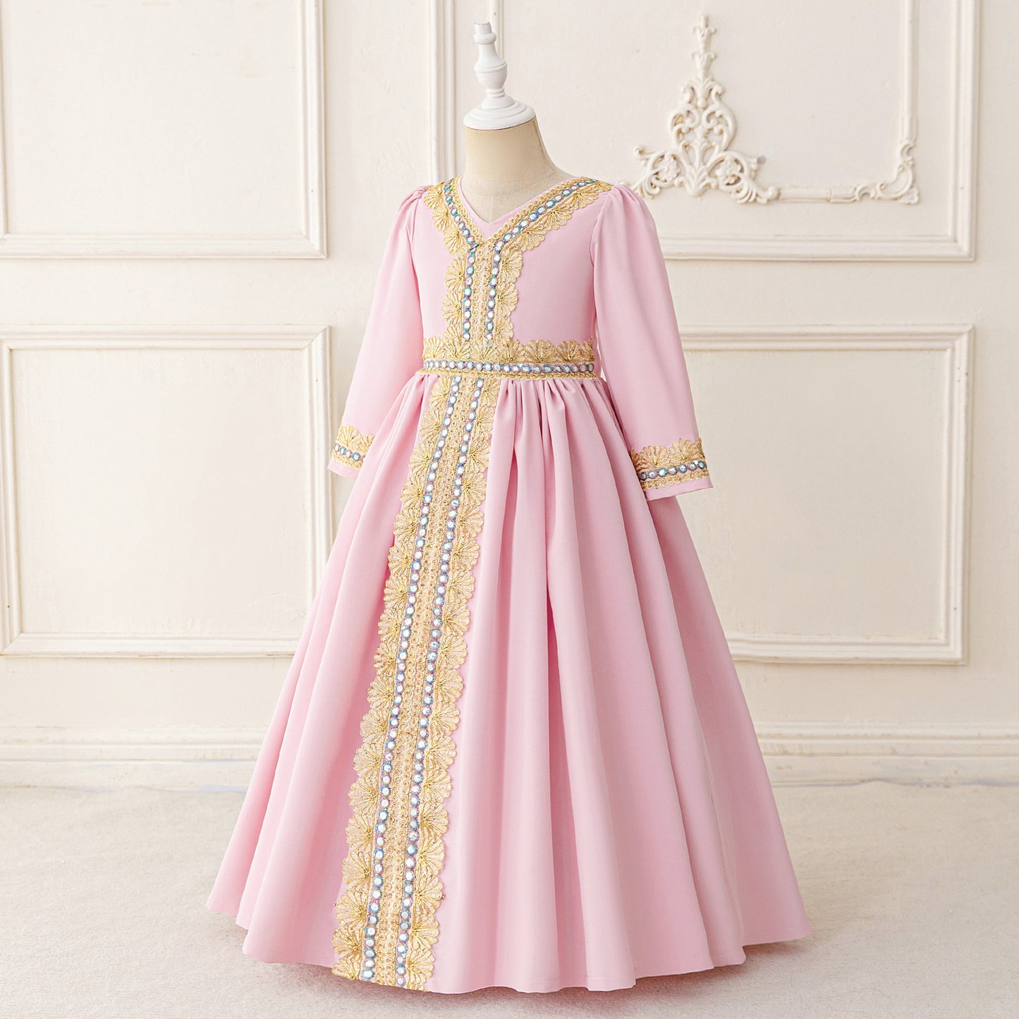 Long Sleeve Embroidered Lace Maxi Dress for Girls | Cute A-line Flower Girl Gown