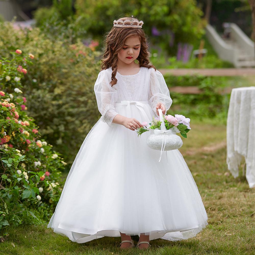 Long Sleeve Embroidered Tulle Princess Dress with Bow | Floor-Length Girls Party Gown