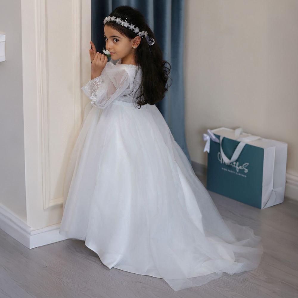 Long Sleeve Embroidered Tulle Princess Dress with Bow | Floor-Length Girls Party Gown