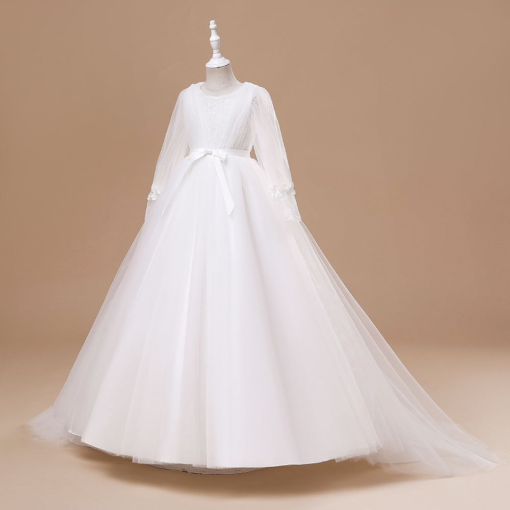 Long Sleeve Embroidered Tulle Princess Dress with Bow | Floor-Length Girls Party Gown