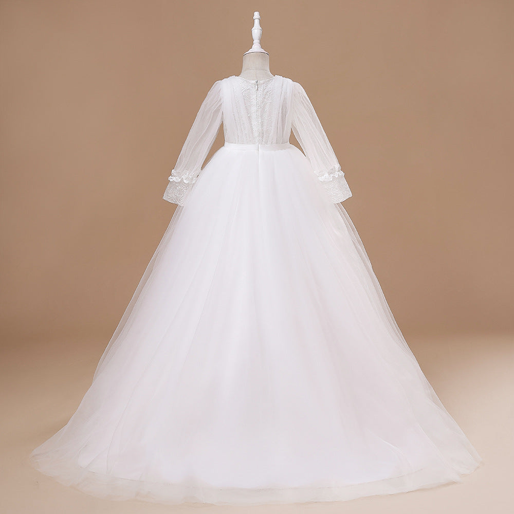 Long Sleeve Embroidered Tulle Princess Dress with Bow | Floor-Length Girls Party Gown