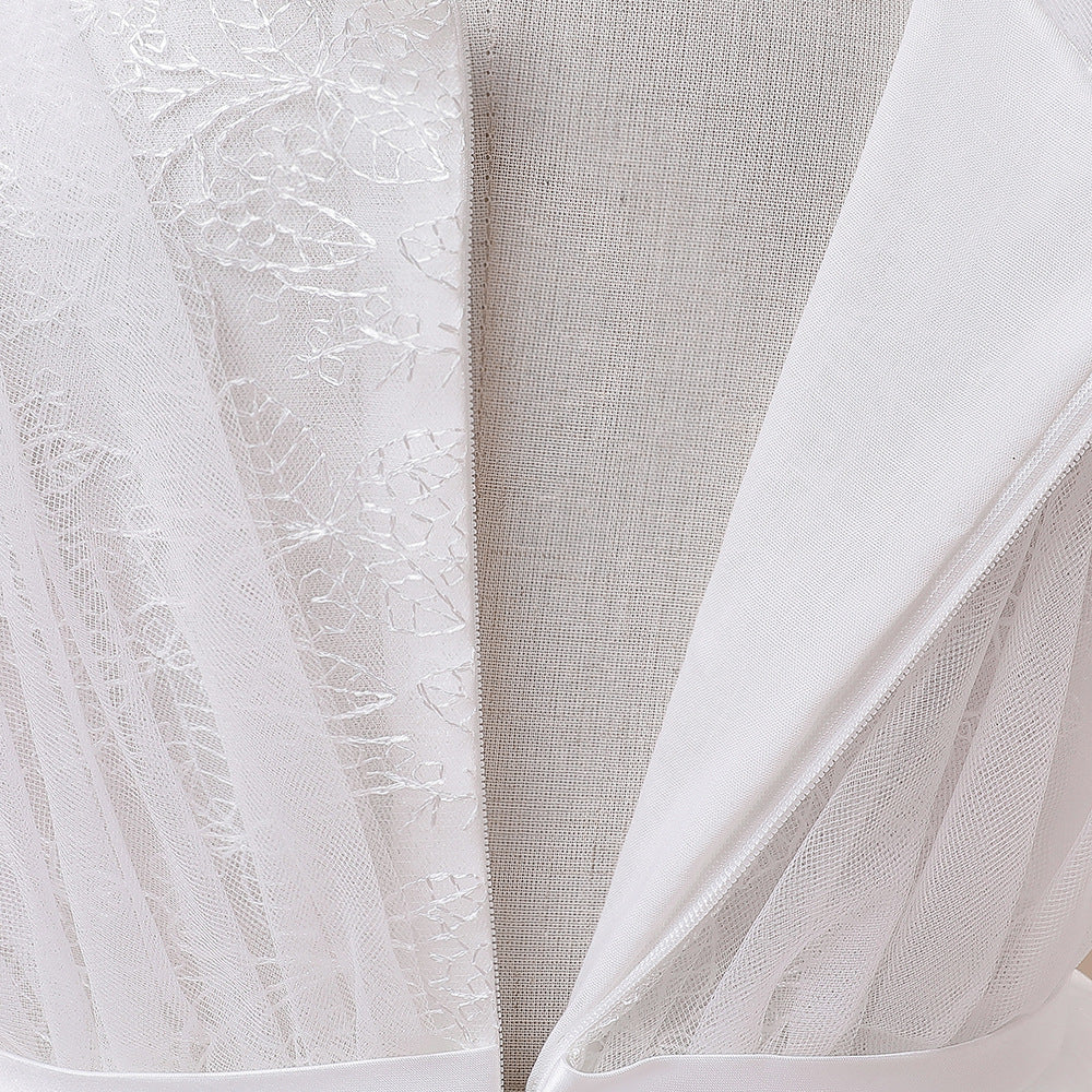 Long Sleeve Embroidered Tulle Princess Dress with Bow | Floor-Length Girls Party Gown