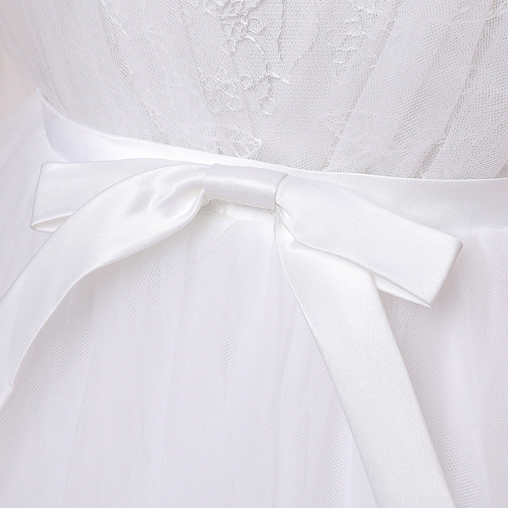Long Sleeve Embroidered Tulle Princess Dress with Bow | Floor-Length Girls Party Gown