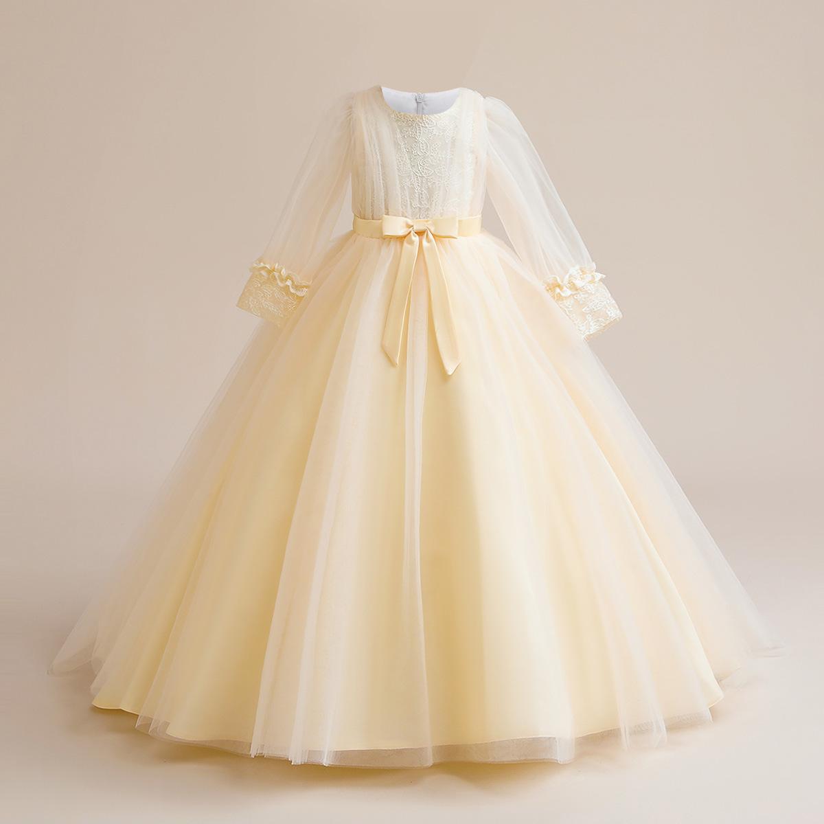 Long Sleeve Embroidered Tulle Princess Dress with Bow | Floor-Length Girls Party Gown