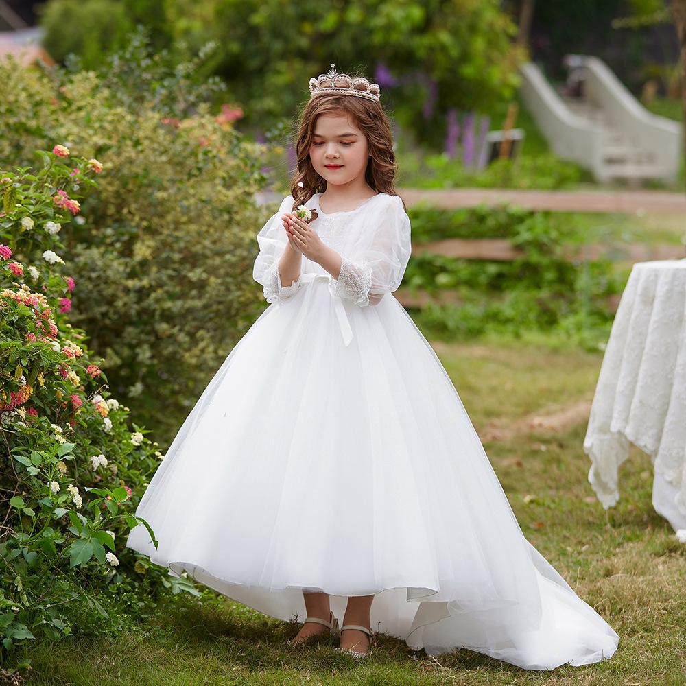 Long Sleeve Embroidered Tulle Princess Dress with Bow | Floor-Length Girls Party Gown