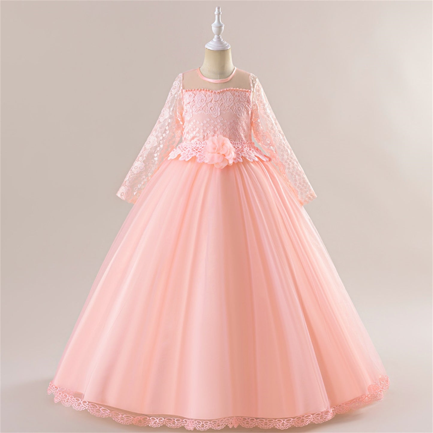 Long Sleeve Tulle & Lace Princess Maxi Dress for Girls (4-13Y) – Flower Girl & Party Gown