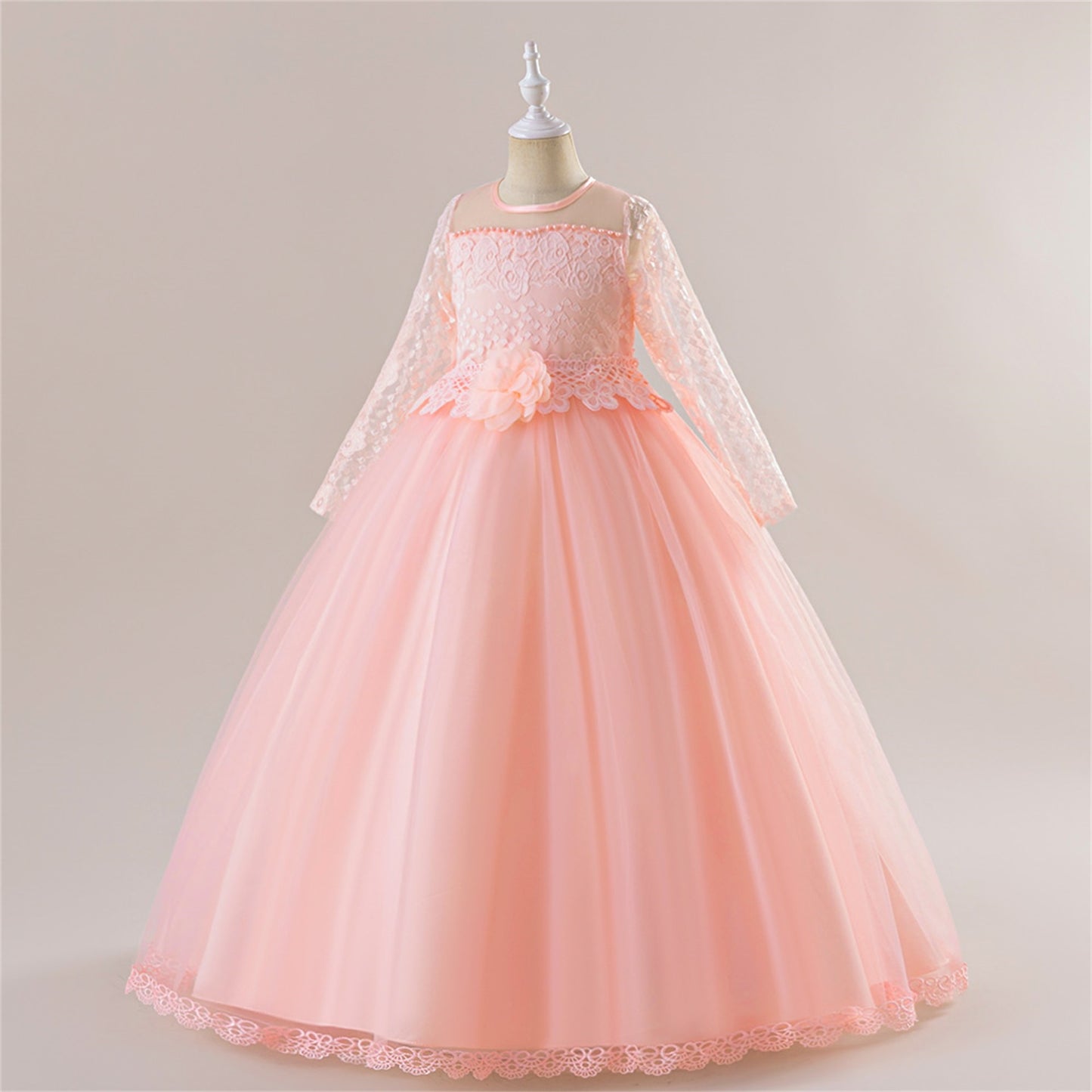 Long Sleeve Tulle & Lace Princess Maxi Dress for Girls (4-13Y) – Flower Girl & Party Gown