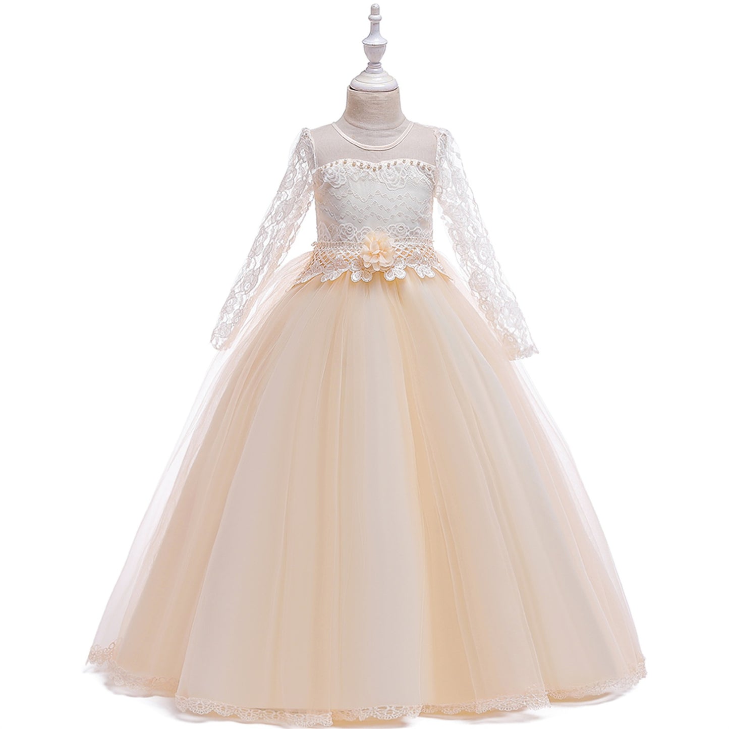 Long Sleeve Tulle & Lace Princess Maxi Dress for Girls (4-13Y) – Flower Girl & Party Gown