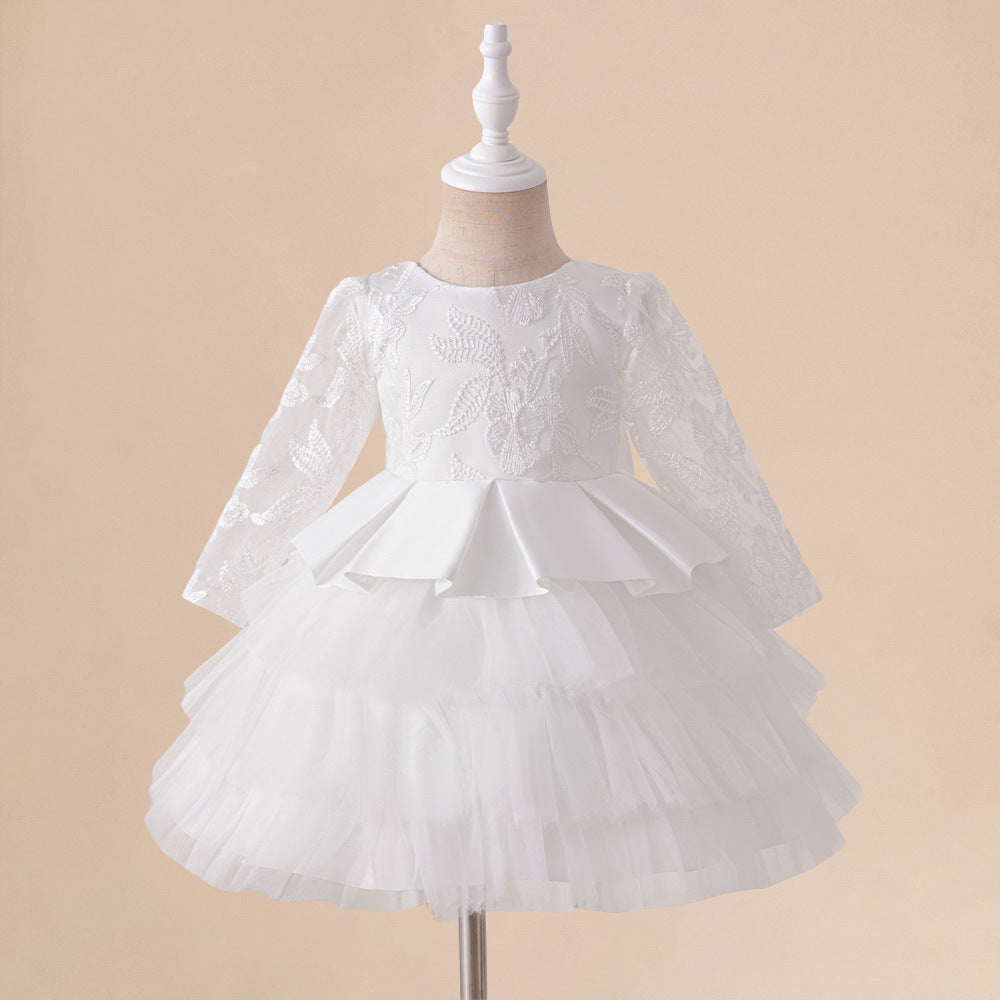 Adorable Long Sleeve Lace Flower Girl Dress – White A-Line Princess Gown