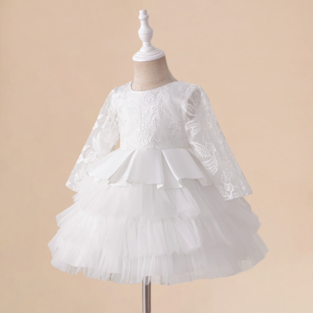 Adorable Long Sleeve Lace Flower Girl Dress – White A-Line Princess Gown