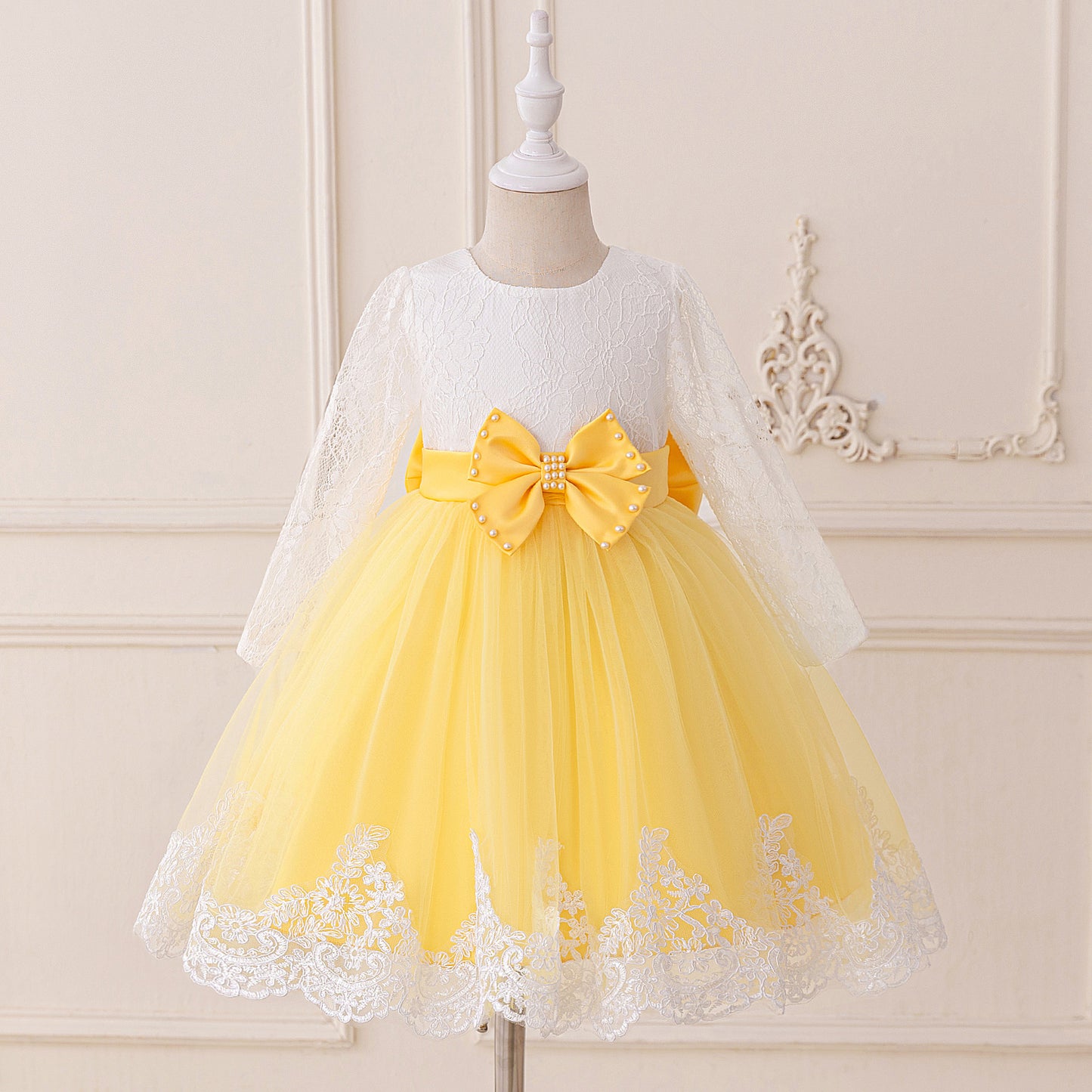 Cute Long Sleeve Lace & Tulle Flower Girl Dress with Bow – A-line Tea Length