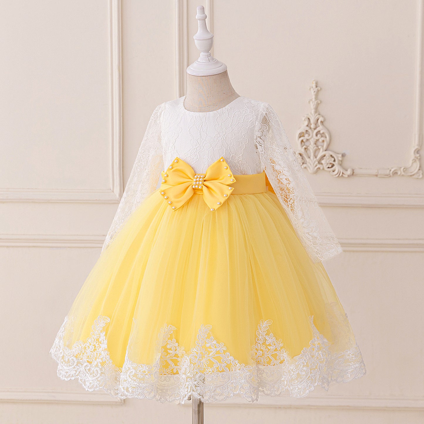Cute Long Sleeve Lace & Tulle Flower Girl Dress with Bow – A-line Tea Length