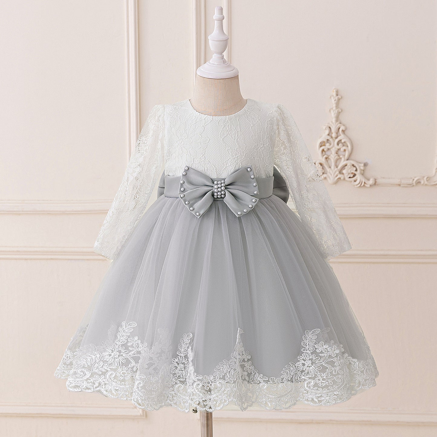 Cute Long Sleeve Lace & Tulle Flower Girl Dress with Bow – A-line Tea Length