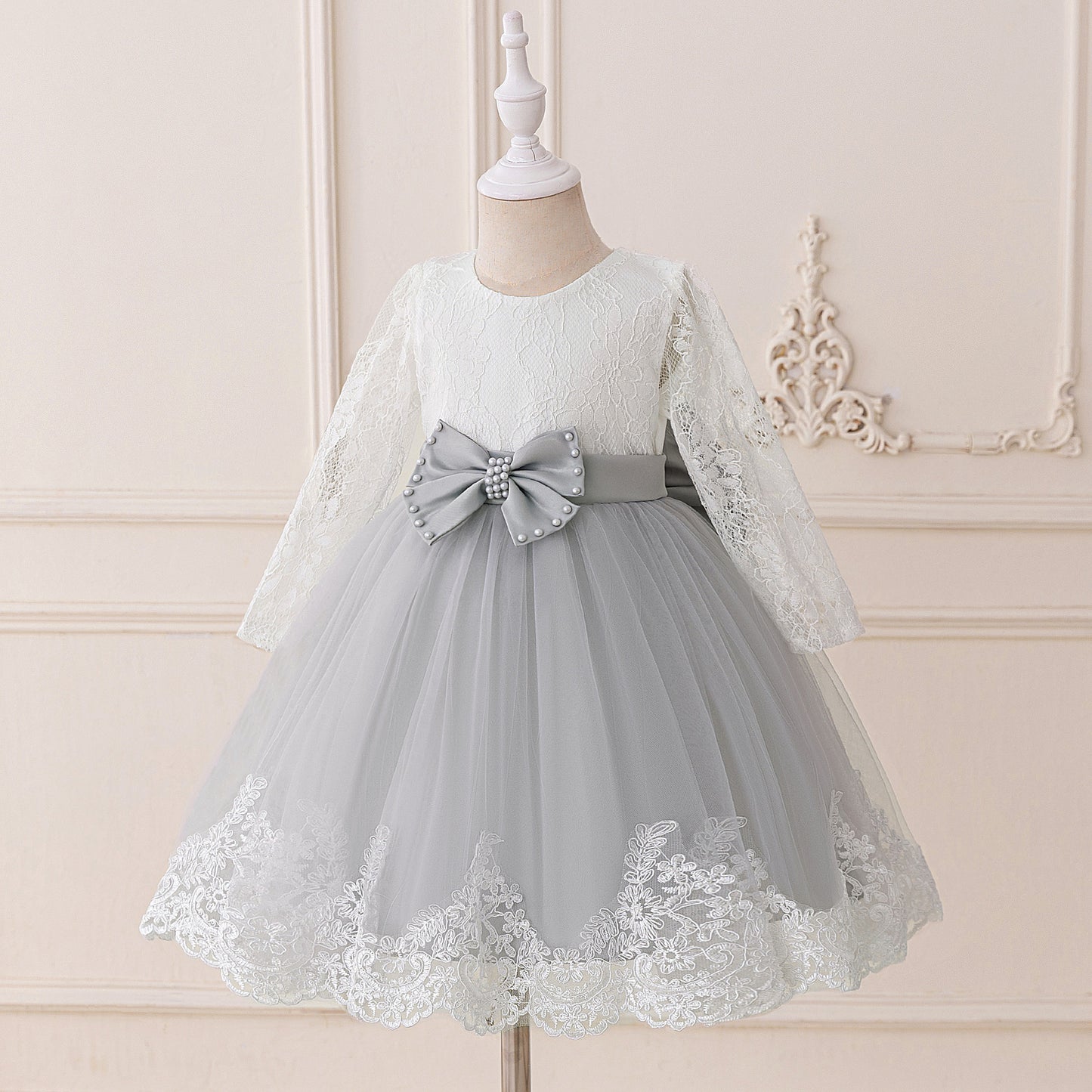Cute Long Sleeve Lace & Tulle Flower Girl Dress with Bow – A-line Tea Length