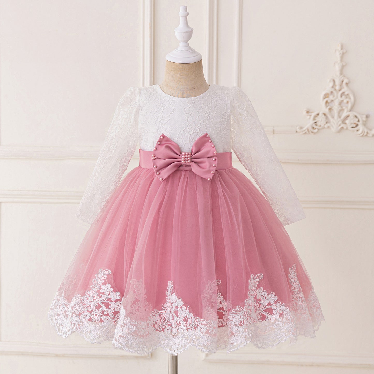 Cute Long Sleeve Lace & Tulle Flower Girl Dress with Bow – A-line Tea Length