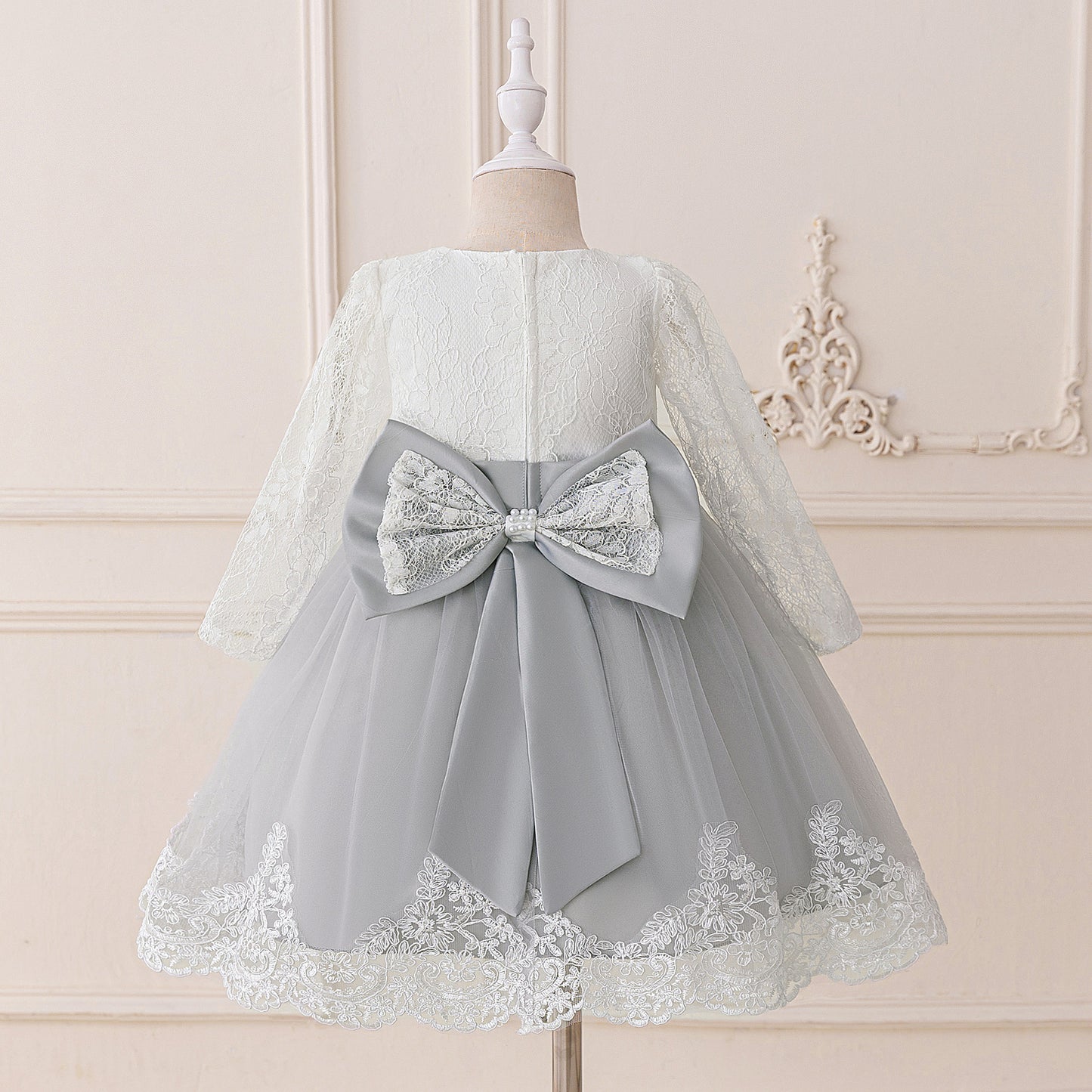 Cute Long Sleeve Lace & Tulle Flower Girl Dress with Bow – A-line Tea Length
