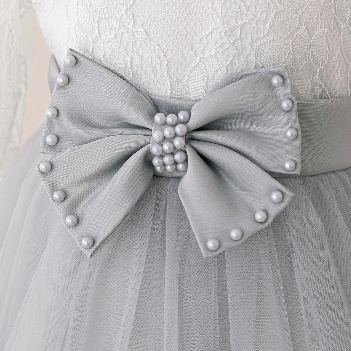 Cute Long Sleeve Lace & Tulle Flower Girl Dress with Bow – A-line Tea Length